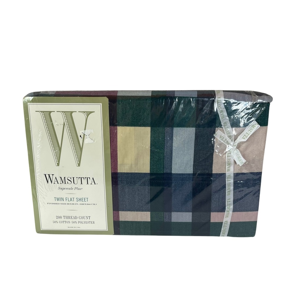 Wamsutta Twin Flat Sheet Tyler Plaid Hunter 200 Thread Count Cotton